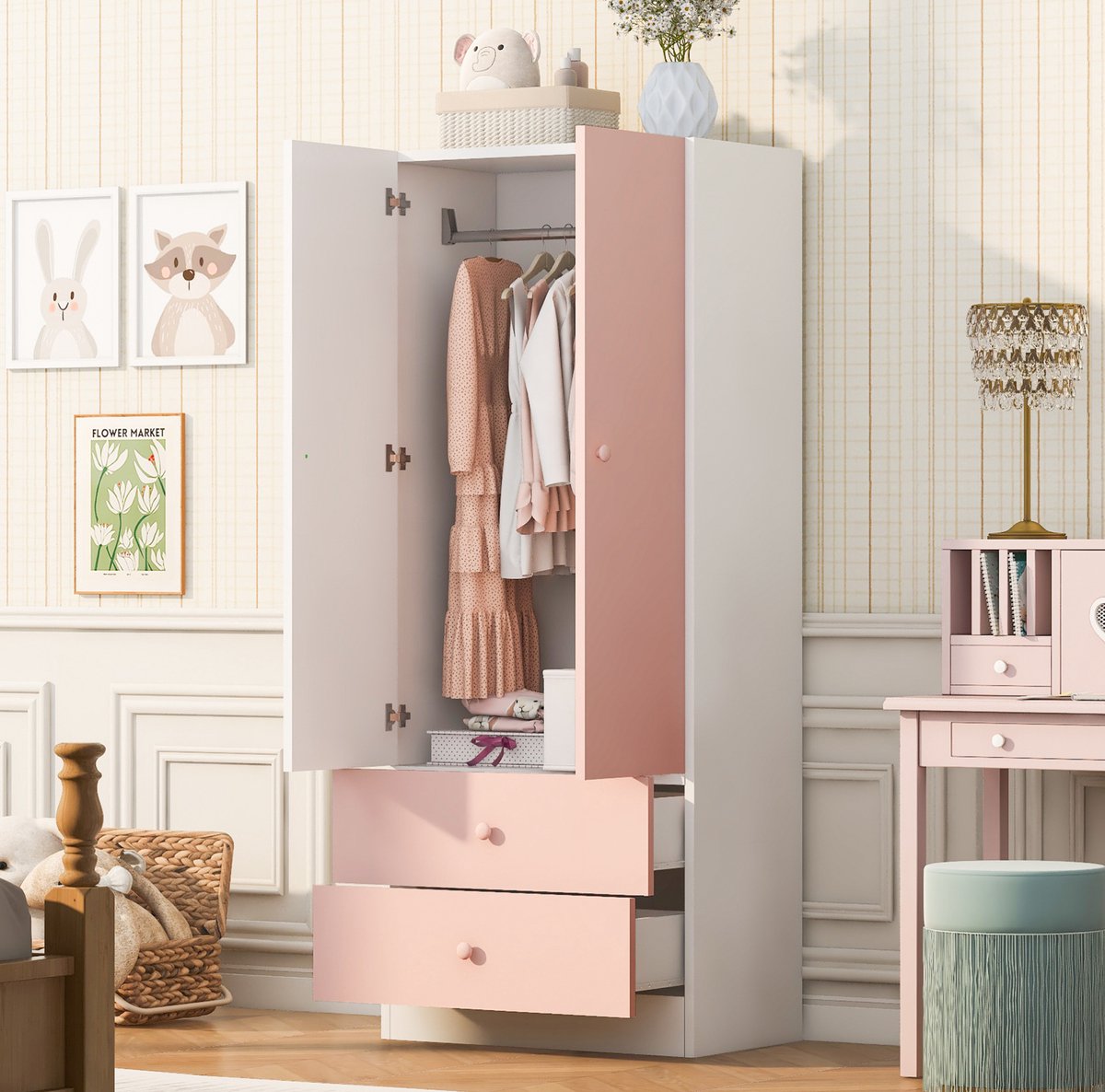 MIVRAY Kledingkast - Compacte Kledingkast Met 2 Lades En Hanggedeelte - Voor Slaapkamer En Kleedkamer - Hout - Rosa Wit - 70x40x170 Cm