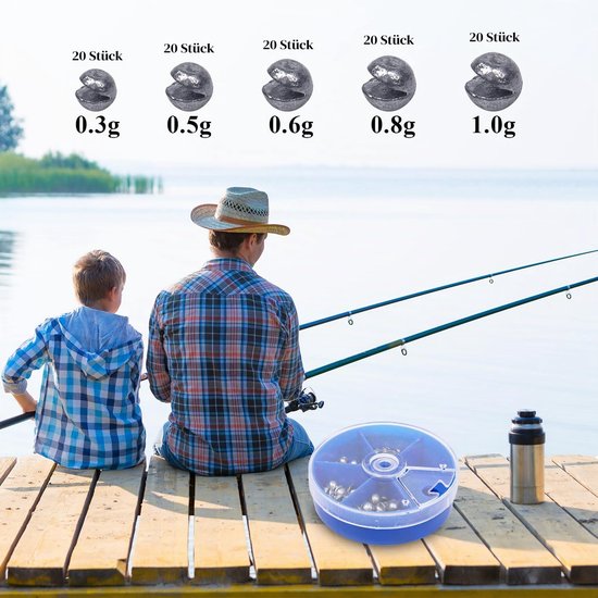100 Stuks Hengelsport Lood met Opbergdoos en 5 Verschillende Gewichten — afbeelding 3