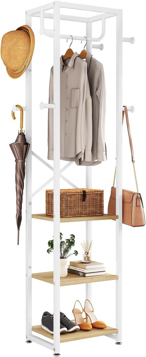 Vrijstaande kapstok met 3 planken en 8 haken, industriële kledingstandaard voor entree, hal en slaapkamer, 180 x 40 x 30 cm, natuurlijk en wit