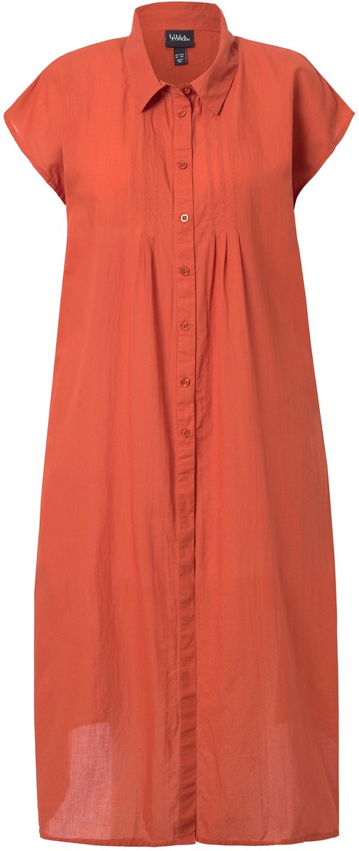 Ulla Popken - Dames - Longblouse biesjes A-lijn overhemdkraag korte mouwen - Terra - Maat 42+