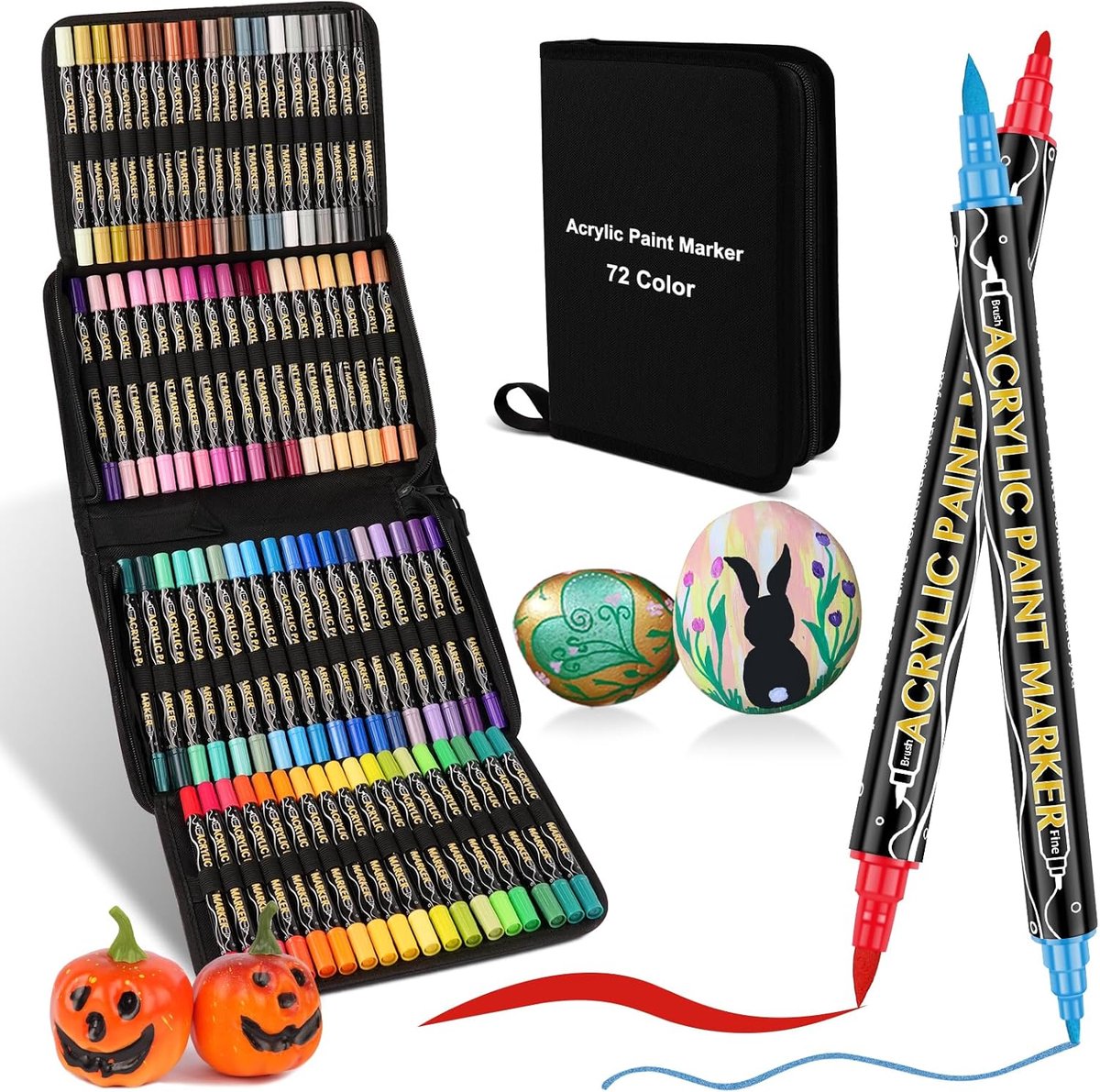Acrylverf markers 72 kleuren - dubbele punt - 12 metallic penseelpunten - ideaal voor stenen schilderen