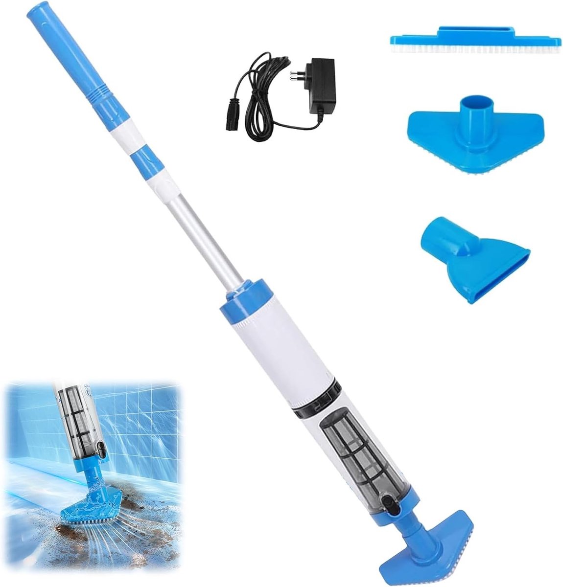 Draadloze Zwembadstofzuiger - Blauw - 165 cm - Oplaadbare Accu met Sterke Zuigkracht - Voor Zwembaden en Spa's