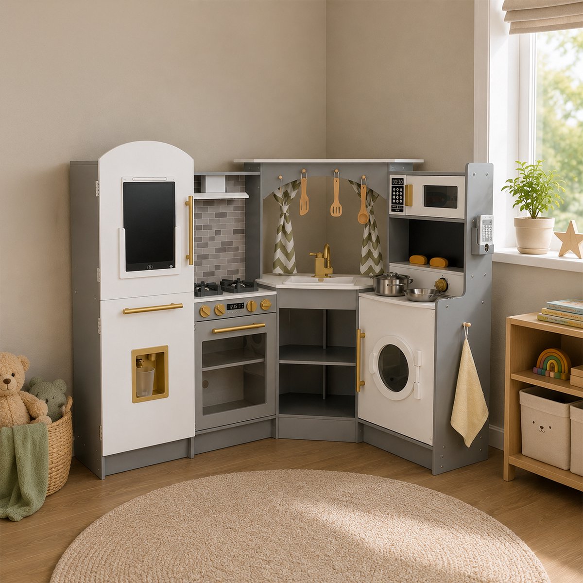 Maxx kidz - Houten Speelgoed Keuken Met Hoek - Complete Speelkeuken - Grijs Keukentje - Stevige Kinderkeuken met Accessoires - Speelgoedkeuken met Licht, Geluid en Pannetjes