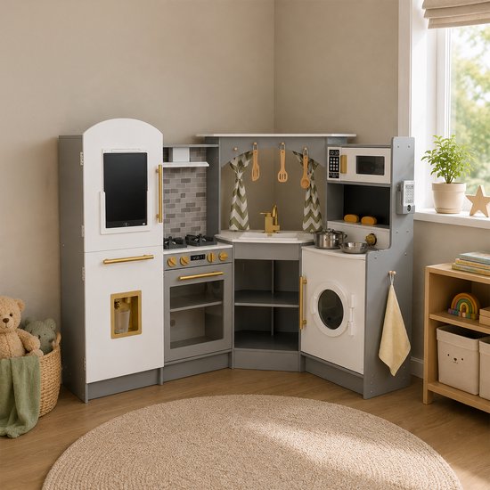 Maxx kidz - Houten Speelgoed Keuken Met Hoek - Complete Speelkeuken - Grijs Keukentje - Stevige Kinderkeuken met Accessoires - Speelgoedkeuken met Licht, Geluid en Pannetjes
