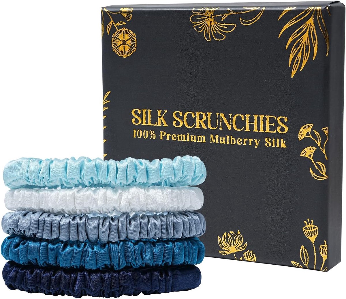 WELROG Set of 5 100% Mulberry Silk Scrunchies for Women, Silk Hair Bows for Girls, Elastic Silk Hair Bows Without - ShopVlot