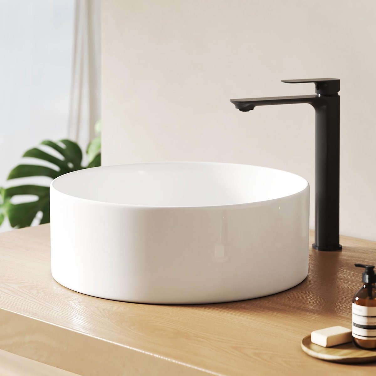 EMKE Wastafel rond 35, 2 x 35, 2 x 11, 2 cm - keramische opzetwastafel groot volume voor badkamer en gastentoilet - ShopVlot