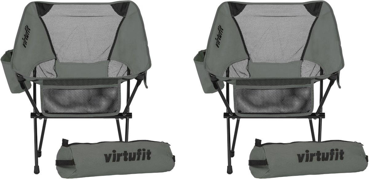 VirtuFit Camping Stoel Compact - Set van 2 - Strandstoel met Armsteunen - Grijs - Inklapbaar - Inclusief Draagtassen - Voor Festivals, Campings & Stranden