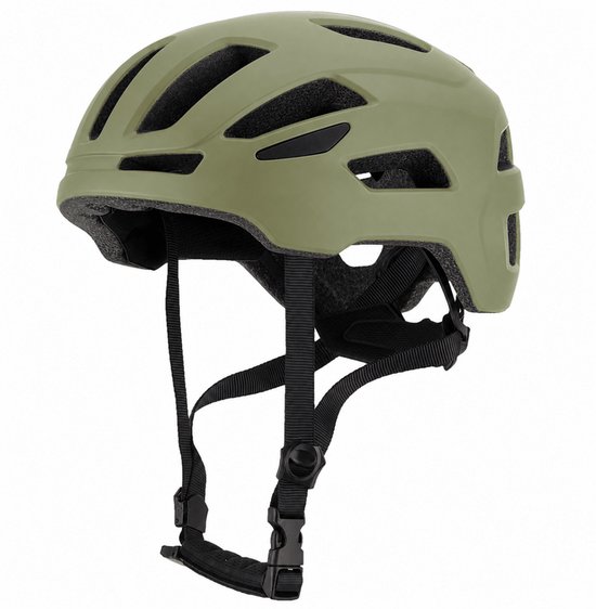 Casque de vélo vert kaki avec sangles et boucle noires. Ouvertures de ventilation sur le dessus.