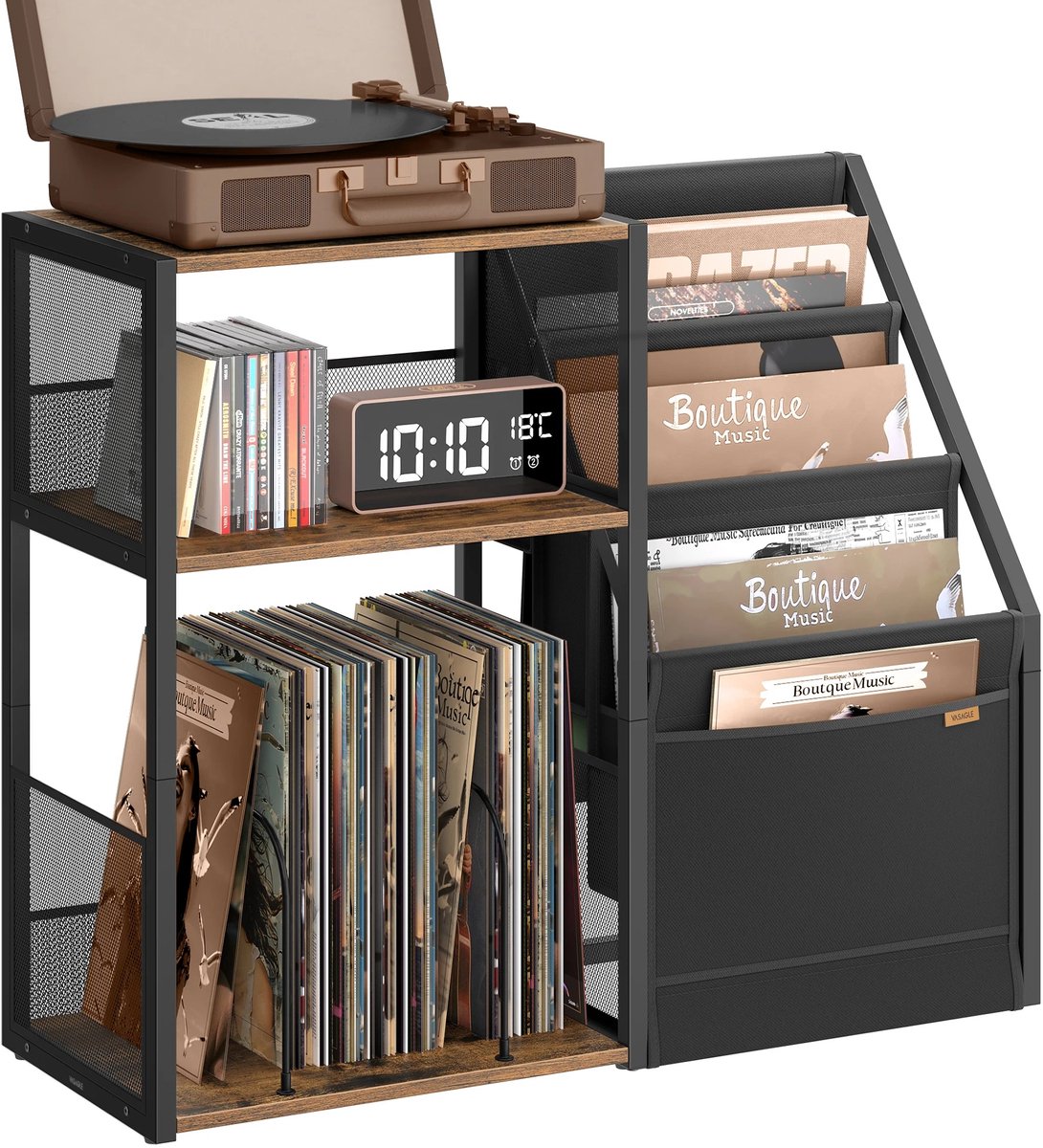 ITRONIQ Platenspeler Meubel 81 x 30 x 69 cm - Platenkast Voor 140 LP's - Vinyl Opbergrek Met 3 Vakken - Industrieel Bruin Zwart