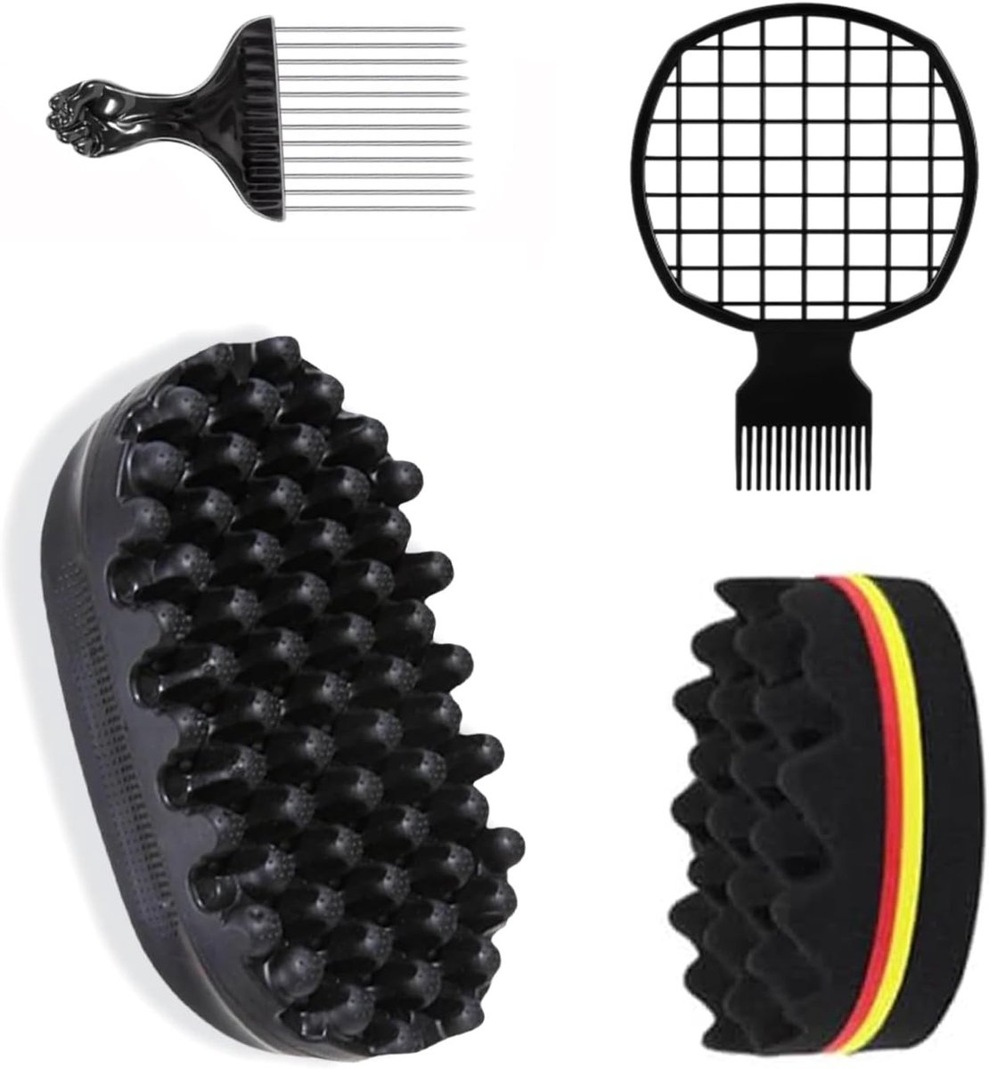 Sponsborstel Set - Zwart - Rubber - Voor Afro- en Krullend Haar