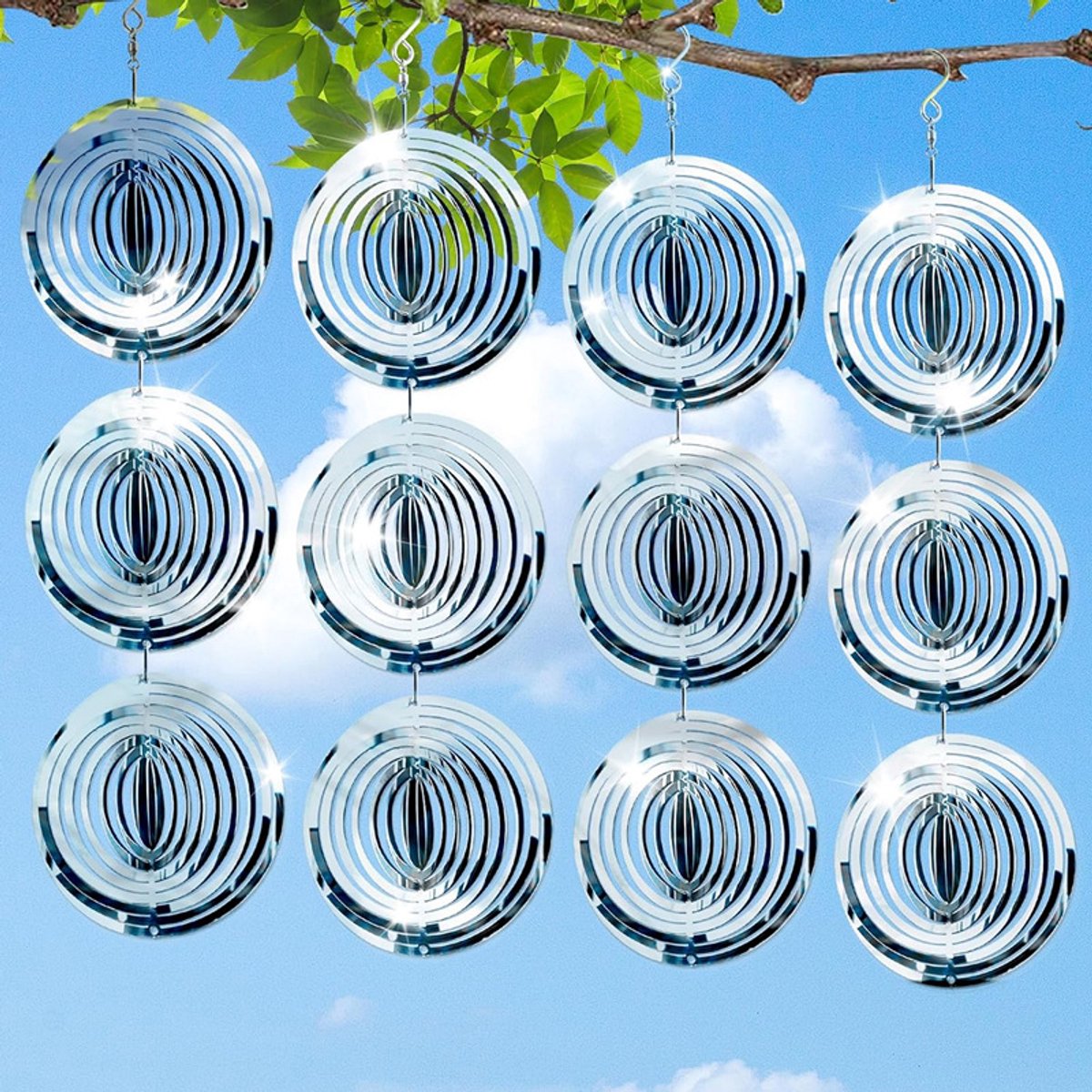 Ronde windspinner, dubbelzijdig zilver spiegelend, 10 cm, 4 stuks met 12 platen, vogelverjager voor tuin