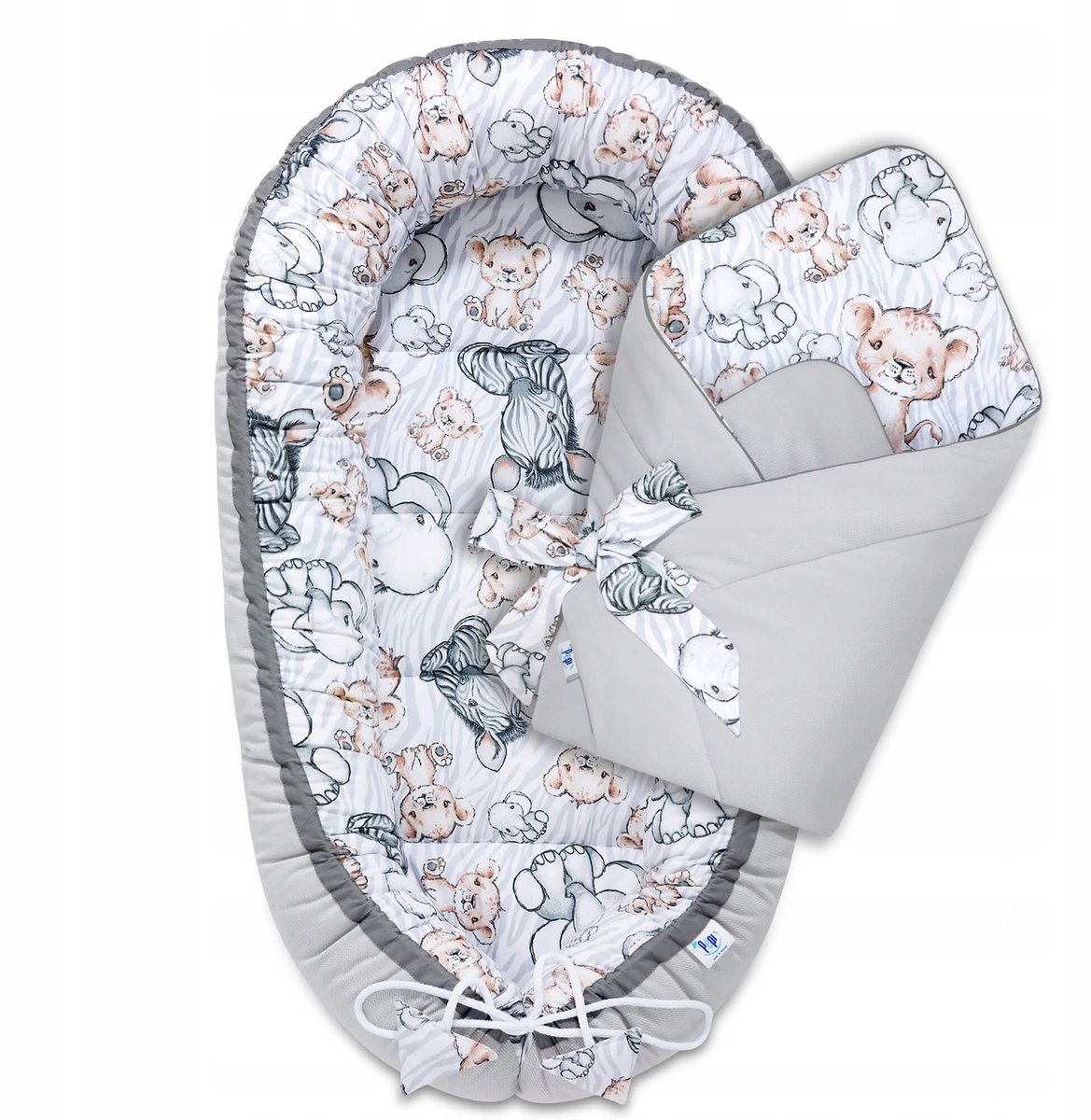 Baby Nestje met Luiertas Set - Katoen/Velvet - Safari Grijs