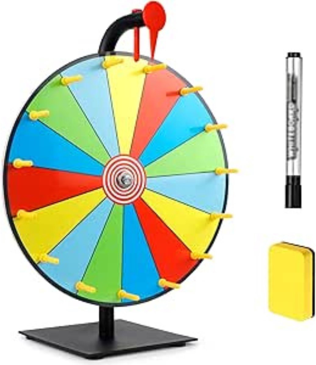 QUOVO® Rad van Fortuin - Draaiwiel 15 cm - Draairad - Gezelschapsspel - Tafelmodel – Prijswiel – Inclusief 3 verschillende Borden - Veelkleurig - 39cm x 30cm x 16cm