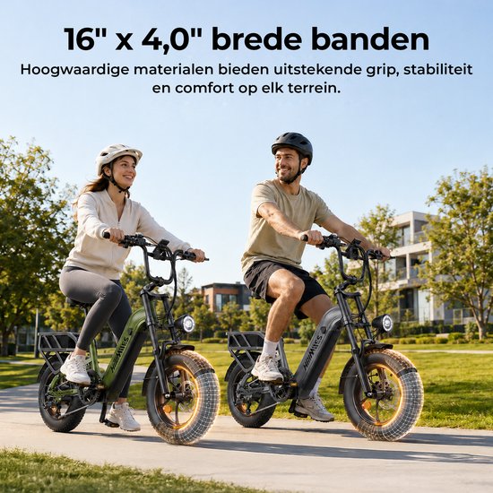 HillMiles MileLink 1 Elektrische fiets 250W 65Nm koppel, 25 km/u, 48V 18Ah accu, 16×4 brede banden, hydraulische remmen, achterdrager voor zware lading, stads‑ en terreinfiets, inclusief kinderfietszitje en voormand‑set, groen — afbeelding 3