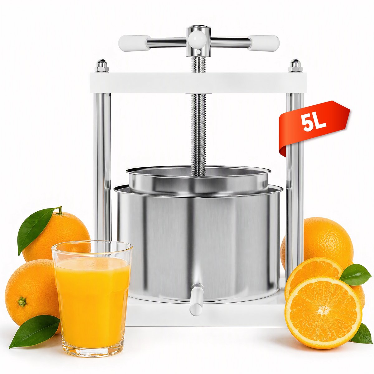 Fruitpers 5L Handmatig - Dubbele Wijn- & Bessenpers met RVS Filteremmer - Inclusief Drukplaat, Metalen Spindel en Uitloopbuis - Geschikt voor Fruit- en Groentesap - NAIZY