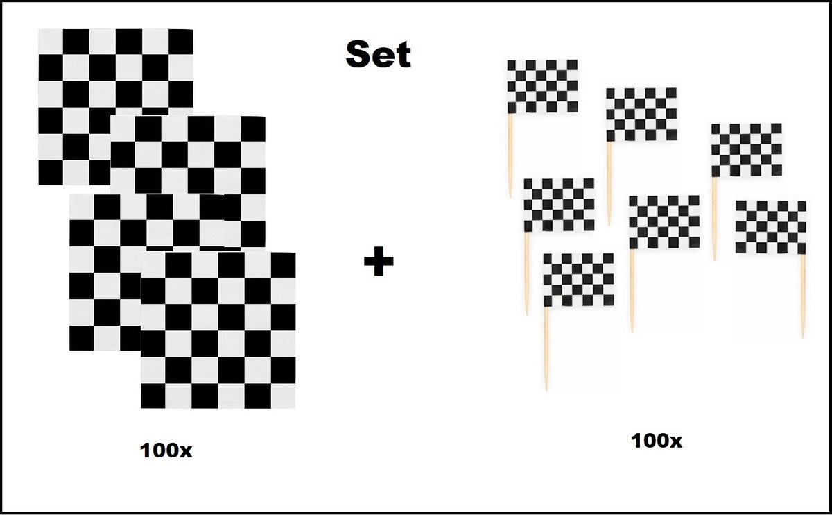 100x Servetten Race 33cm x 33cm 3 laags + 100x Cocktailprikkers race - Race/finish set - Formule 1 thema feest Zandvoort F1