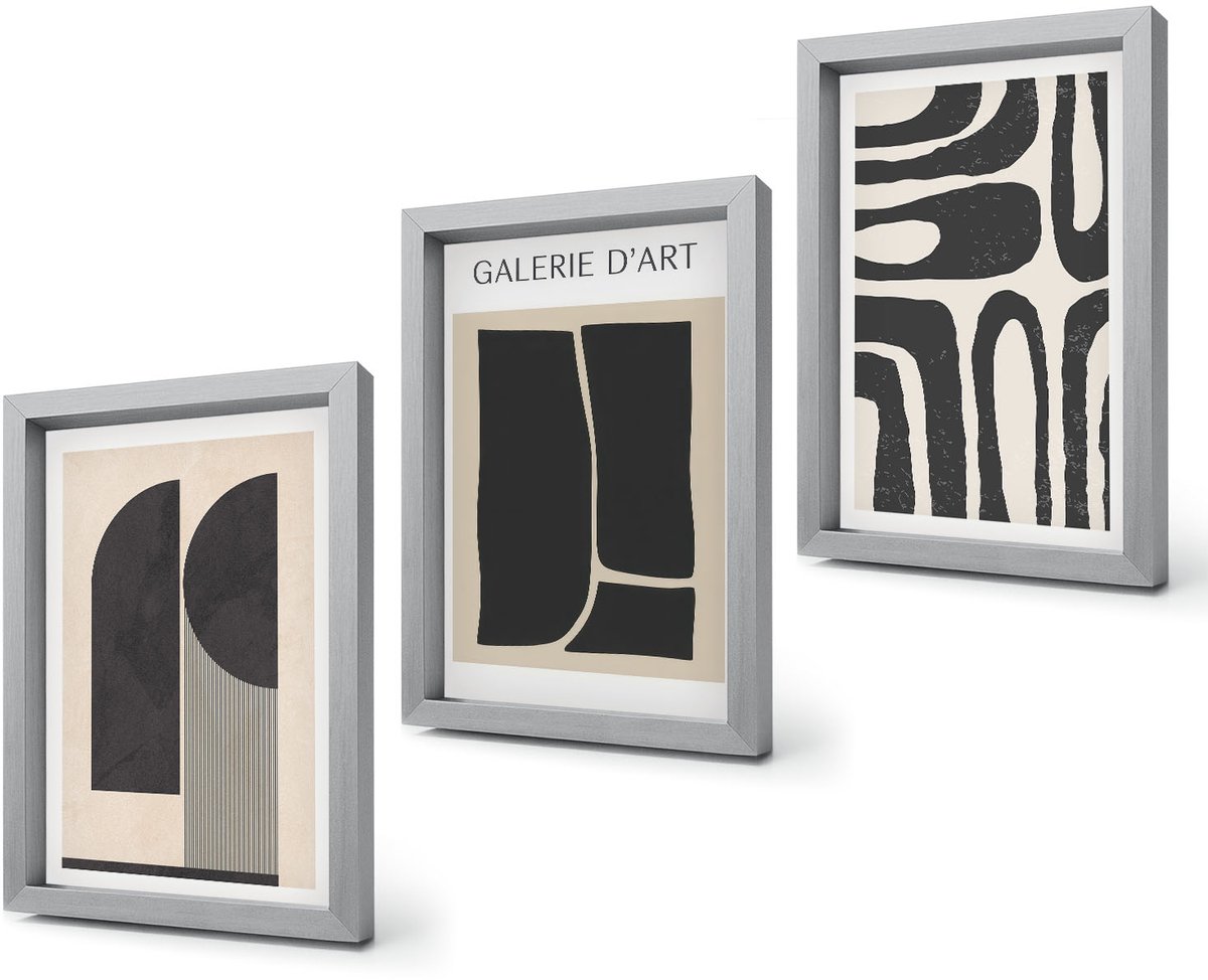 Coloray 4-Delige Schilderij Set - Abstracte vormen minimalistische posters - 20 x 30 cm - Wanddecoratie - Moderne Interieurdecoratie - Decoratieve Schilderijen Zilveren lijst