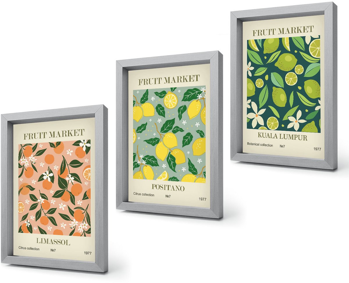 Coloray 4-Delige Schilderij Set - Fruitpatronen met citrusvruchten en vintage bloemen - 20 x 30 cm - Schilderijen Set - Wanddecoratie - Woonkamer - Stijlvolle Muurdecoratie Zilveren lijst