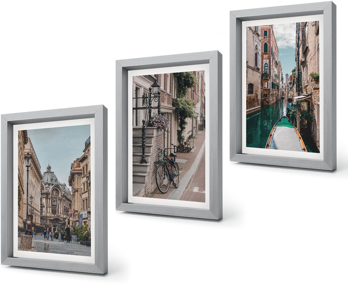 Coloray 4-Delige Schilderij Set - Venetiaanse straten van steden met architectuur en water - 20 x 30 cm - Stijlvolle Muurdecoratie - Kantoor - Woonkamer Decoratie Zilveren lijst