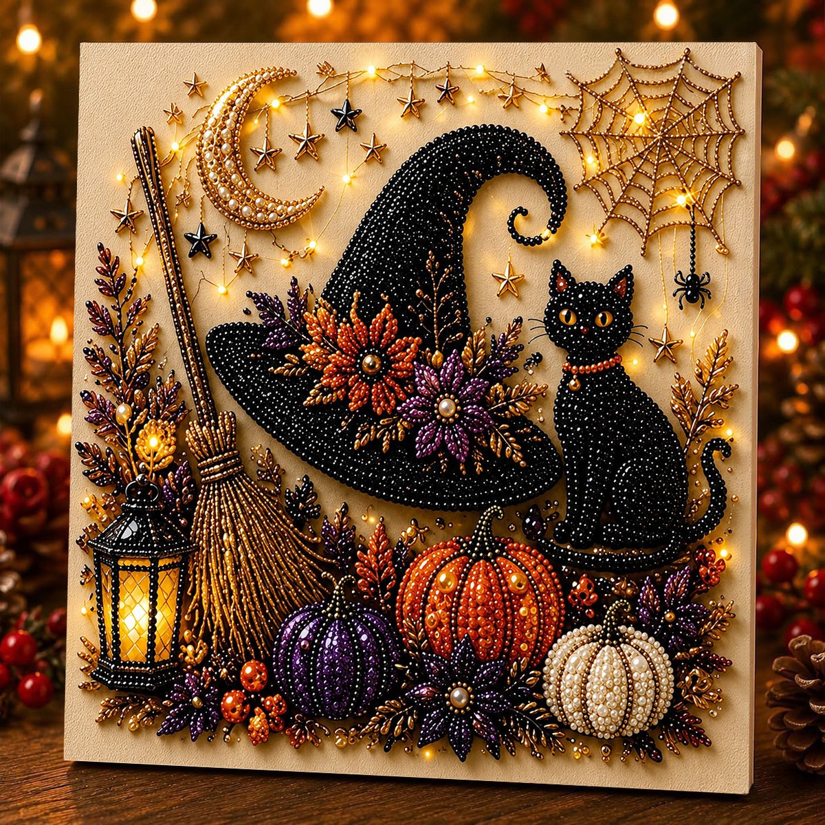 Halloween Heks en kat Parel Kunst DIY-set – griezelig schattige 3D-diamantschilderij, herfstdecoratie voor aan de muur, knutselpakket voor volwassenen en beginners