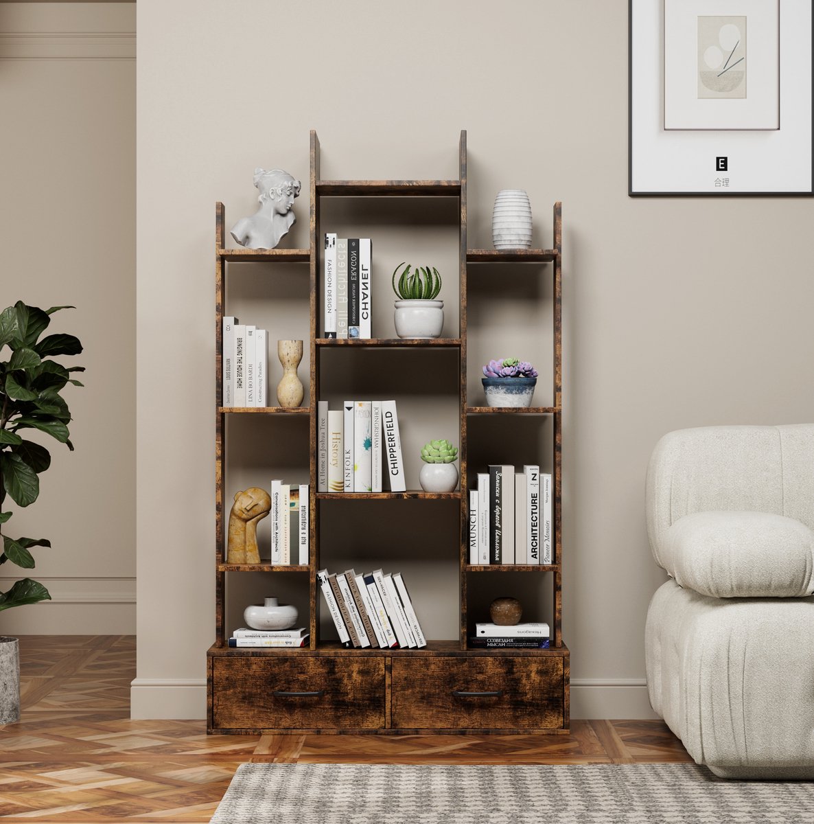Wishdor Boekenkast met 2 lades - Open opbergruimte met 12 vakken - Vrijstaand industrieel ontwerp - Voor woonkamer of kantoor - Hout en metaal - Bruin - 86 x 25 x 140,5 cm