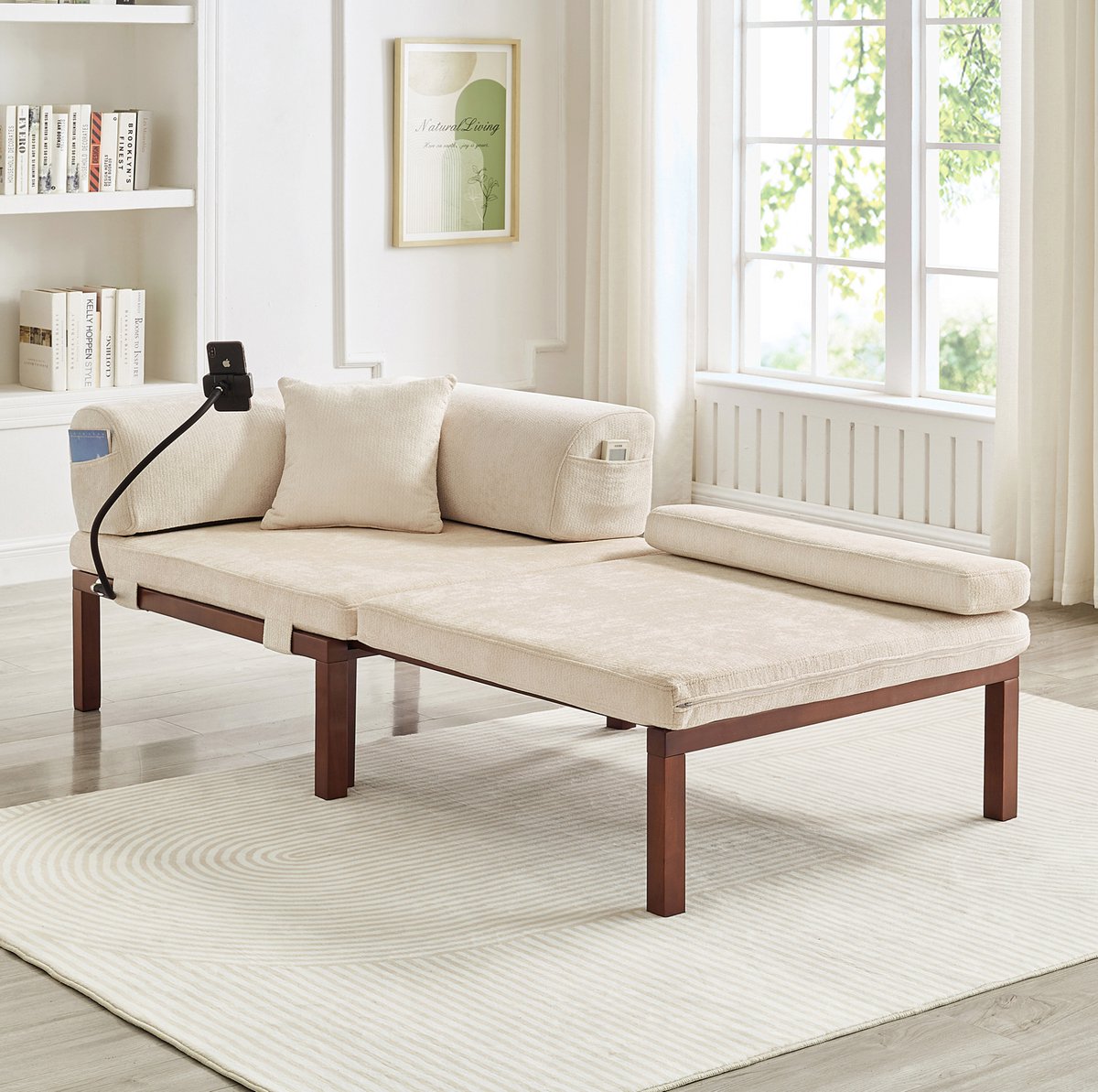 Wishdor Slaapbank - 1-zits uitschuifbaar - Slaapfunctie - Modern design - Voor slaapkamer, kantoor en balkon - Houten frame - Velvet - Beige - 176 x 81 x 64 cm