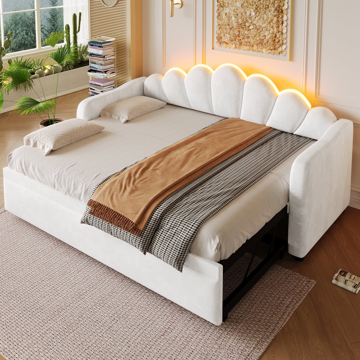 Wishdor Bedbank met uitrolbed en ledverlichting - Gestoffeerd - Wit - 90x200 cm - MDF - Met lattenbodem - Stabiel frame - Voor volwassenen