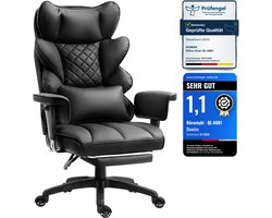Dowinx Ergonomische Bureaustoel / Gamingstoel – Pocketveren Zitkussen – Dubbel gevoerde Rugleuning & Verstelbaar Lendenkussen – Met Armleuningen en Voetensteun – PU-leer – Zwart