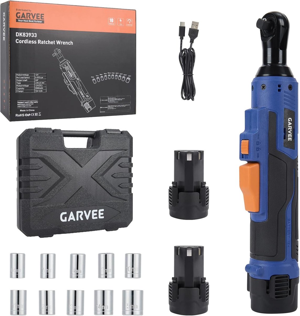 Accu Ratelsleutel 12V - Elektrische Ratel - 55 Nm Koppel - 3/8" Aansluiting - Inclusief 2 Accu's, 10-delige Dopset & Luxe Opbergkoffer - Voor Automotive & DIY