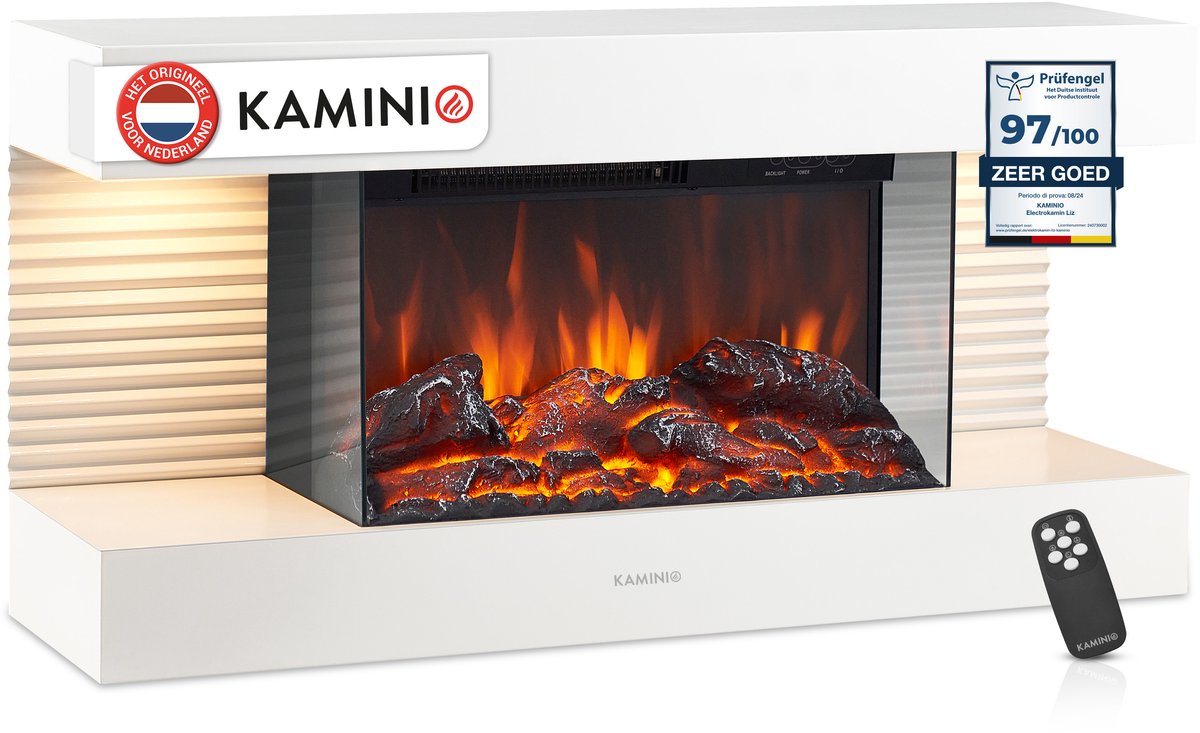 Bol.com KAMINIO Elektrische haard LIZ - Elektrische wandhaard met verwarming, 3D-vlameffect, LED-sfeerverlichting, afstandsbedie... aanbieding