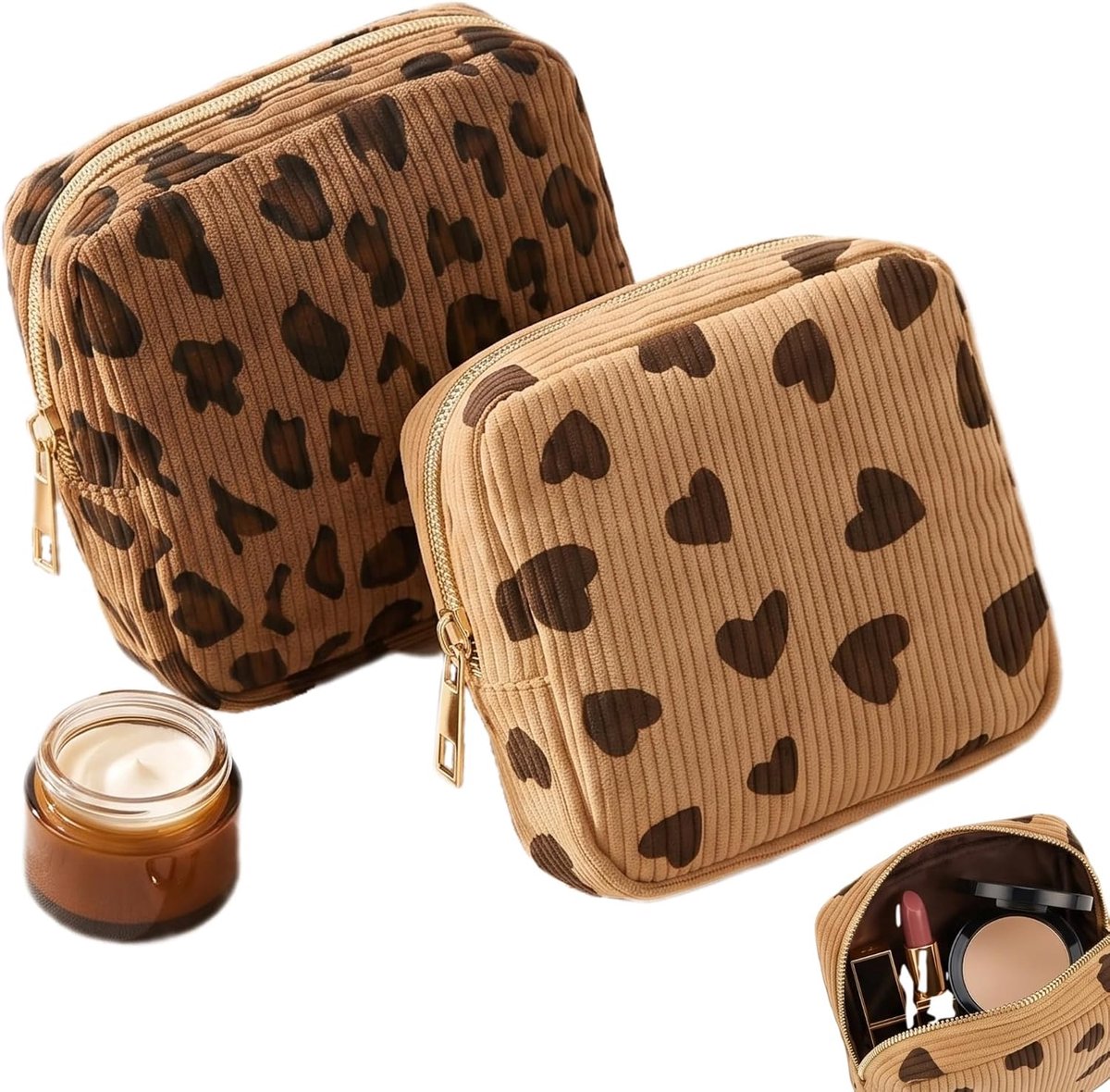 Cosmeticatas, reistoilettas, 2 stuks, corduroy make-uptas met luipaardpatroon, gewatteerde tas met ritssluiting, voor - ShopVlot