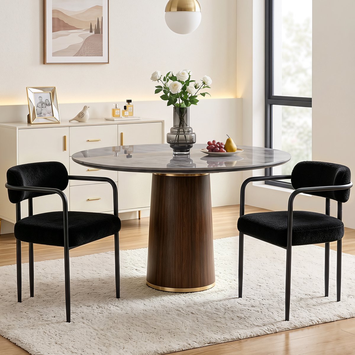 Puluomis - Eetkamerstoelen - Set van 2 - Teddy Fleece - Metalen poten - Gevoerde zitkussens - Zwart