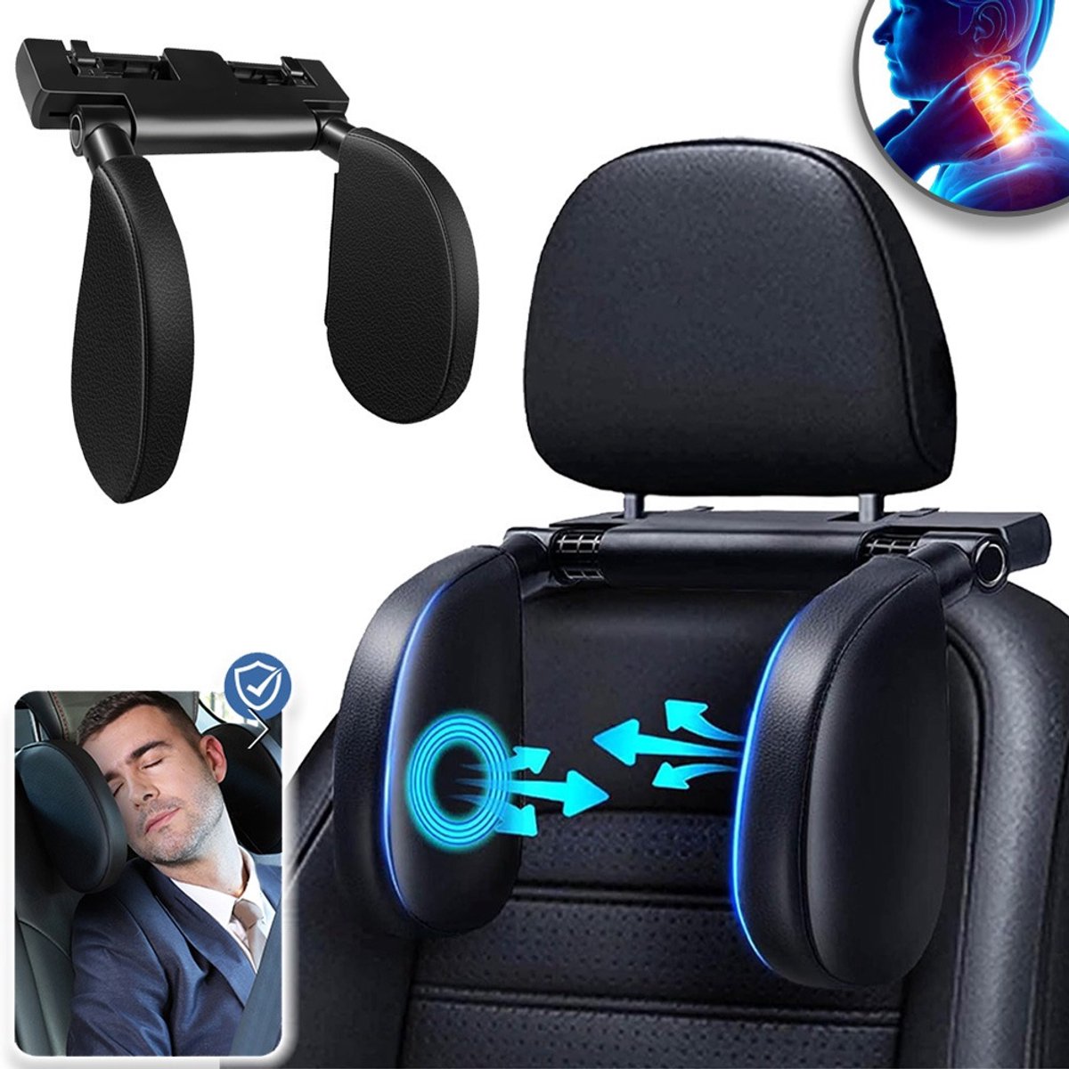 180° Verstelbaar Hoofdsteunkussen Voor in De Auto - Neksteun Van Traagschuim Ergonomisch Ontwerp Ademend En Warm Wasbare Hoes Ingebouwde Standaard En Luchtzuiveringsopeningen - Voor Volwassenen En Kinderen