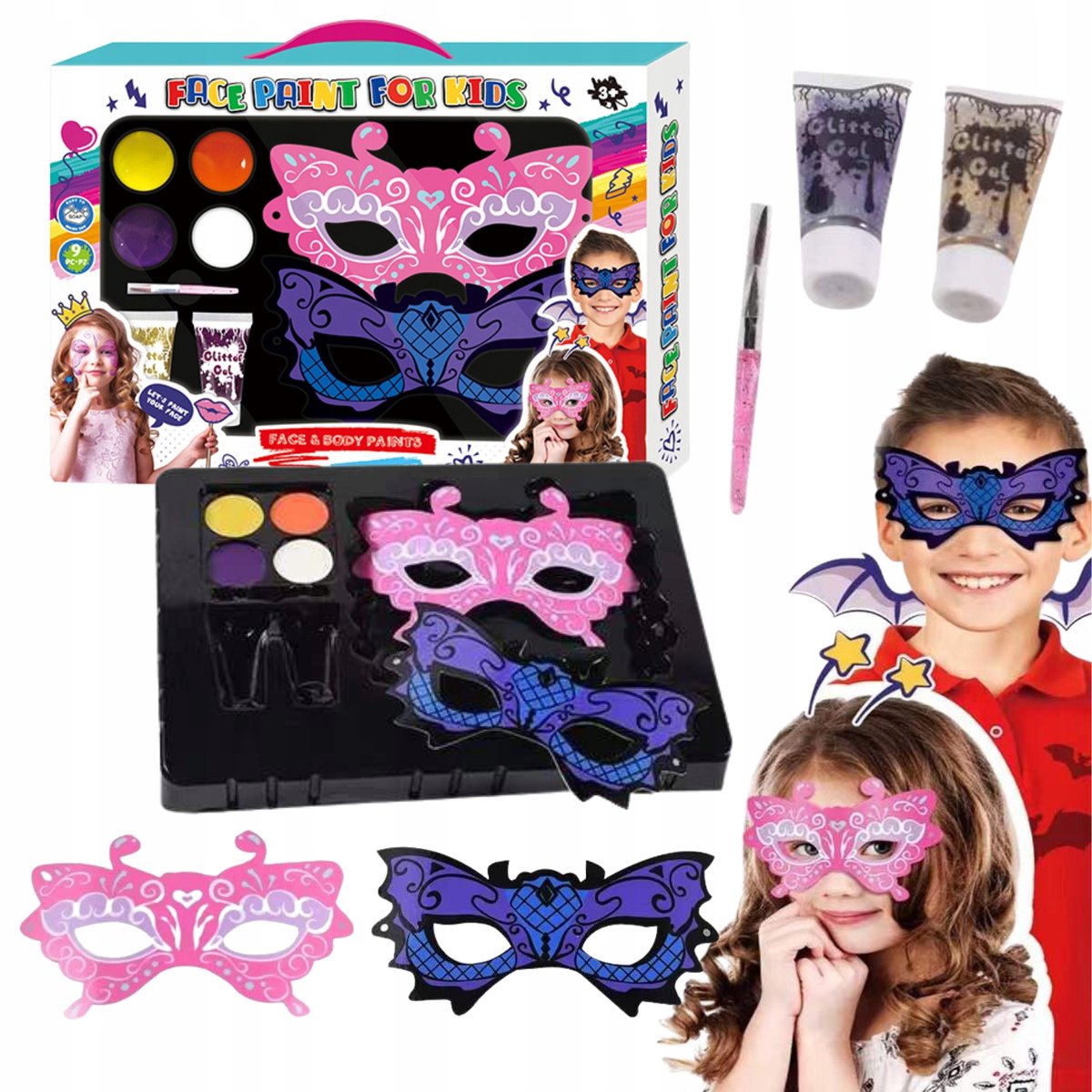 Merkloos Schminkset Carnaval - Verf, Penseel & Maskers