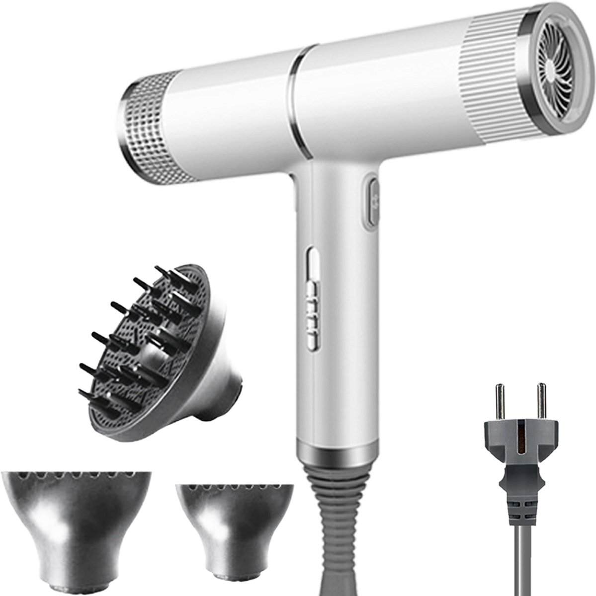 Haardroger met negatieve ionen - Professionele haardroger - Haardroger voor thuisgebruik - Uitgerust met 3 diffuseropzetstukken - Hoog vermogen - 1000 watt - 10.000 u/min - Wit