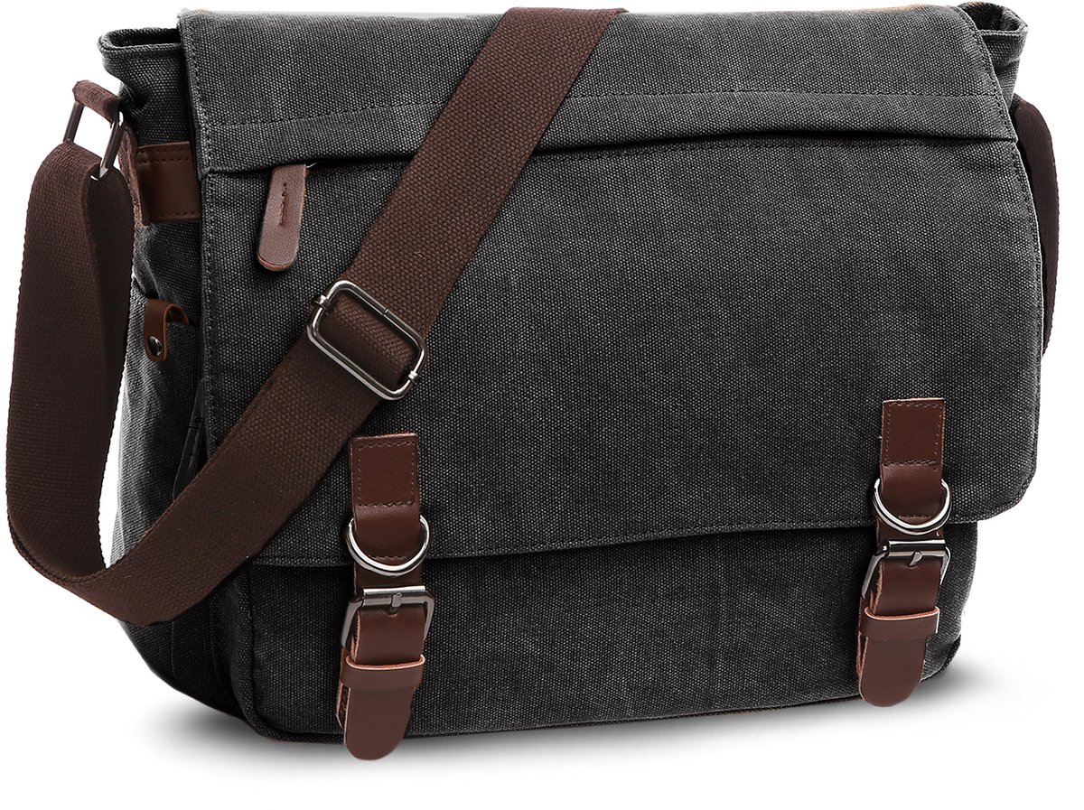 TANTOMI - Schoudertas Heren - Canvas - met Schouderpad - Vintage Messenger Bag -A4 Laptoptas voor 15,6 Inch Laptop - Schooltas - Laptoptas - Crossbody tas - Zwart