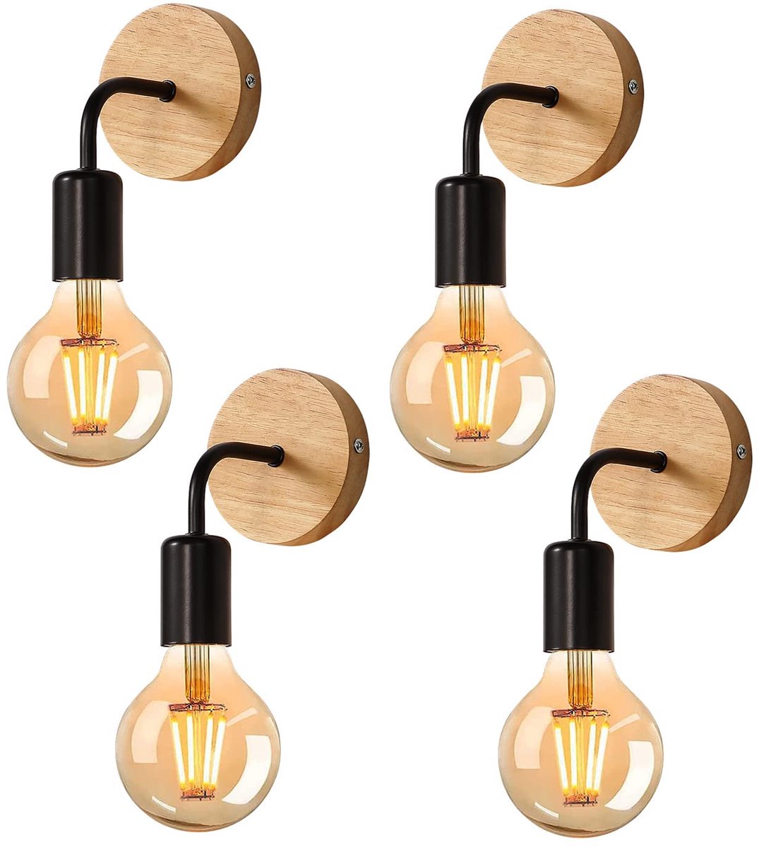 Riserva Wandlamp industrieel traditioneel onregelmatig zwart‑hout, ijzer + hout, E27 fitting max 60W zonder lamp, 4‑pack, voor woonkamer slaapkamer keuken