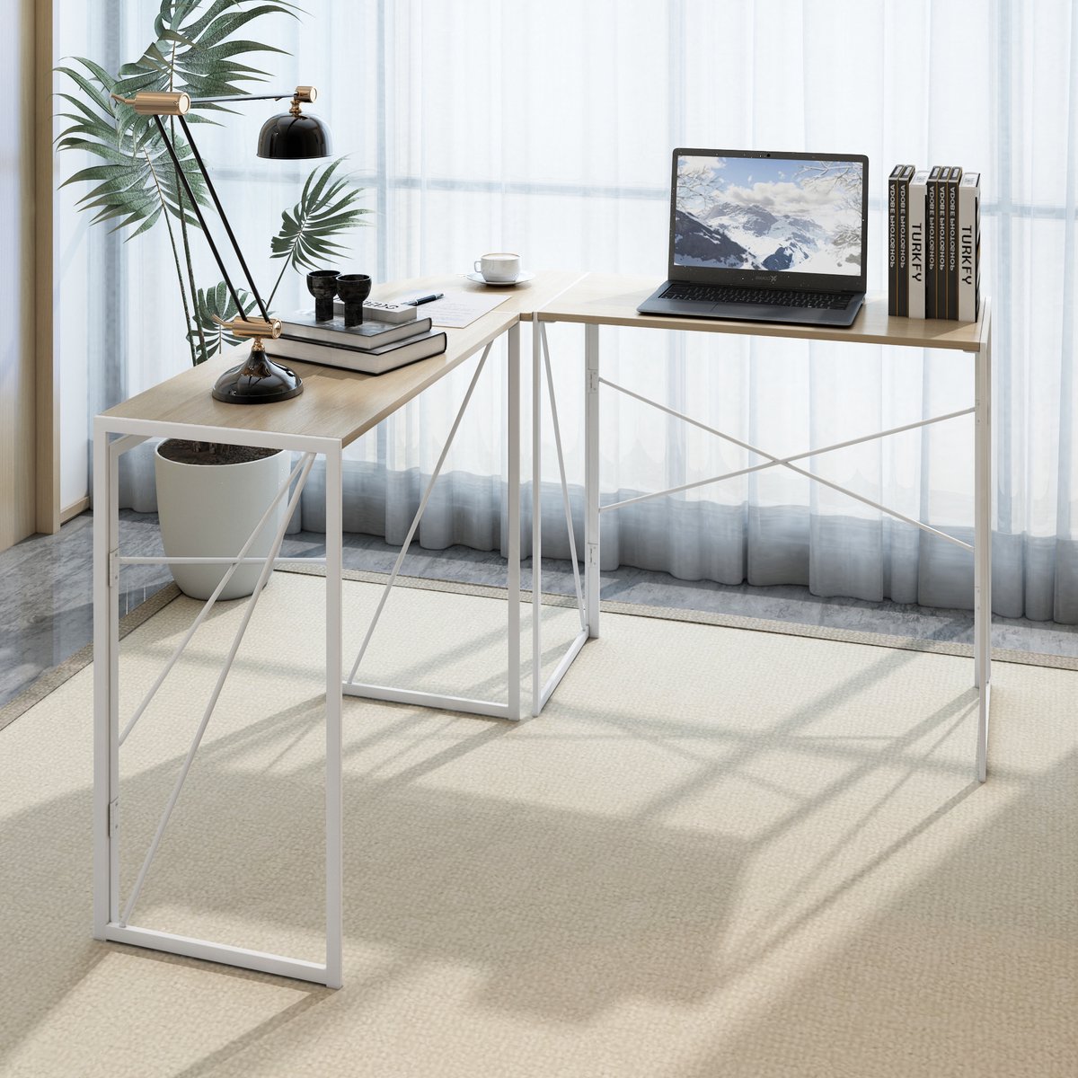 Gamingbureau - met hoekopstelling en gamingfunctie - wit eiken - afmetingen 119,5 x 38 x 75 cm - voor een praktische werkplek