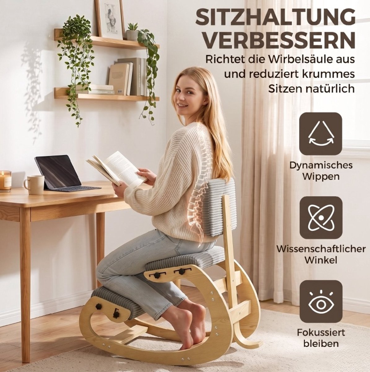 OKWISH Kniestoel met Rugleuning Ergonomische Wipfunctie Voor Thuis Kantoor en Meditatie Ribstof Donkergrijs