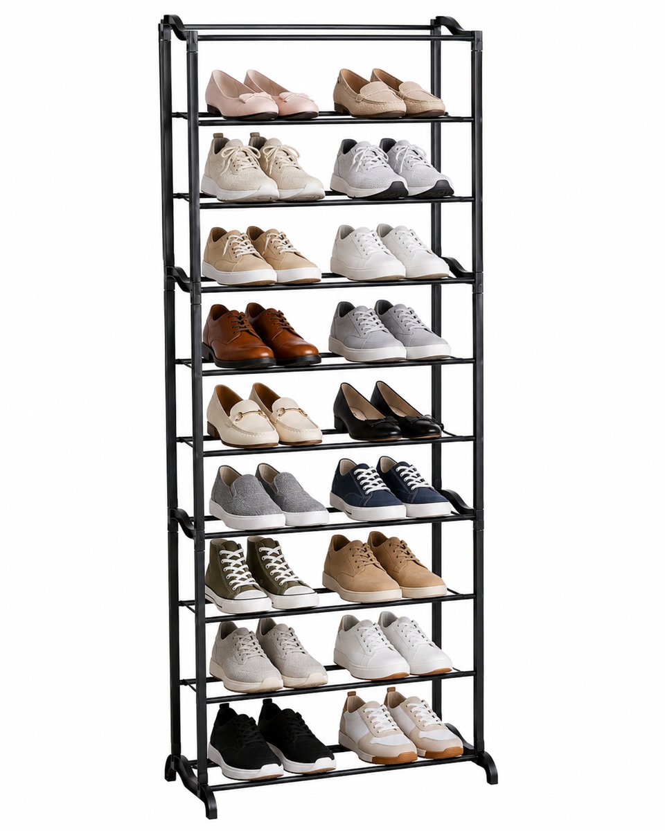 HEM Schoenenrek 10 Laags - Smal Schoenenrek - Schoenen Organizer - Metalen Schoenen Opbergrek - 50 x 24 x 130 cm - Zwart - Incl. Microvezeldoekje