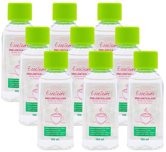 Six bouteilles de détartrant Eccellente avec bouchon vert vif, chacune avec une étiquette représentant une tasse à café et le texte 'Eccellente SNELONTKALKER 100 ml'.