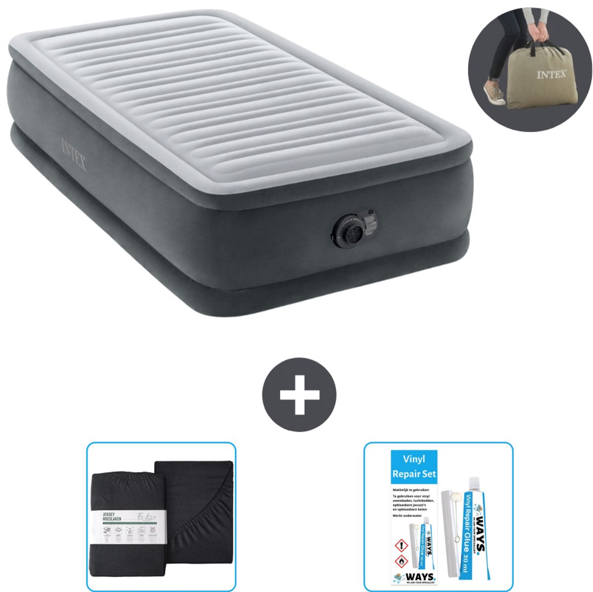 Bol.com Intex Luchtbed - 1-Persoons - 99 x 191 x 46 cm - Grijs - Inclusief pomp - Hoeslaken en Reparatieset aanbieding