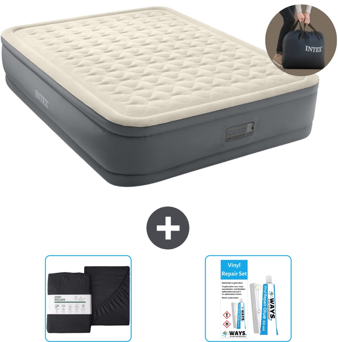 Bol.com Intex Luchtbed - 2-Persoons - 152 x 203 x 46 cm - Grijs - Inclusief pomp - Hoeslaken en Reparatieset aanbieding