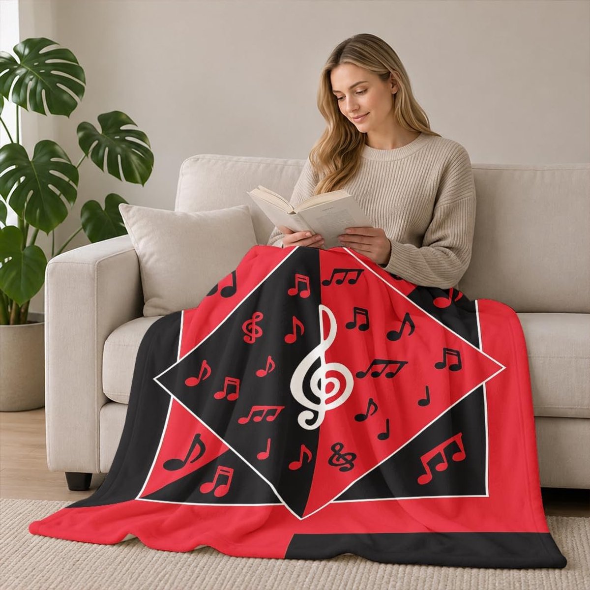 Rood-zwarte flanellen deken, moderne knuffeldeken met muziekmotief, decoratieve woondeken, 150 x 200 cm - ShopVlot