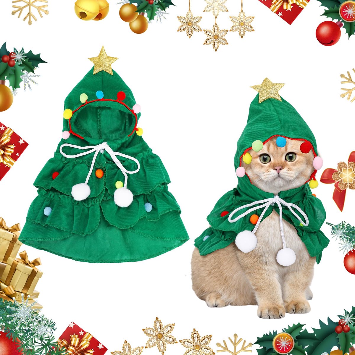 Namajunas - Kerst kleding voor Huisdieren - Breedte × Hoogte × Hoofdomtrek / cm: 40 × 35 × 24 - Maat M – geschikt voor 2,5 tot 5 kg - Met verstelbaar touw - Groene kerst mantel met sterren & pompons - Schattige kerstboom mantel voor honden en katten