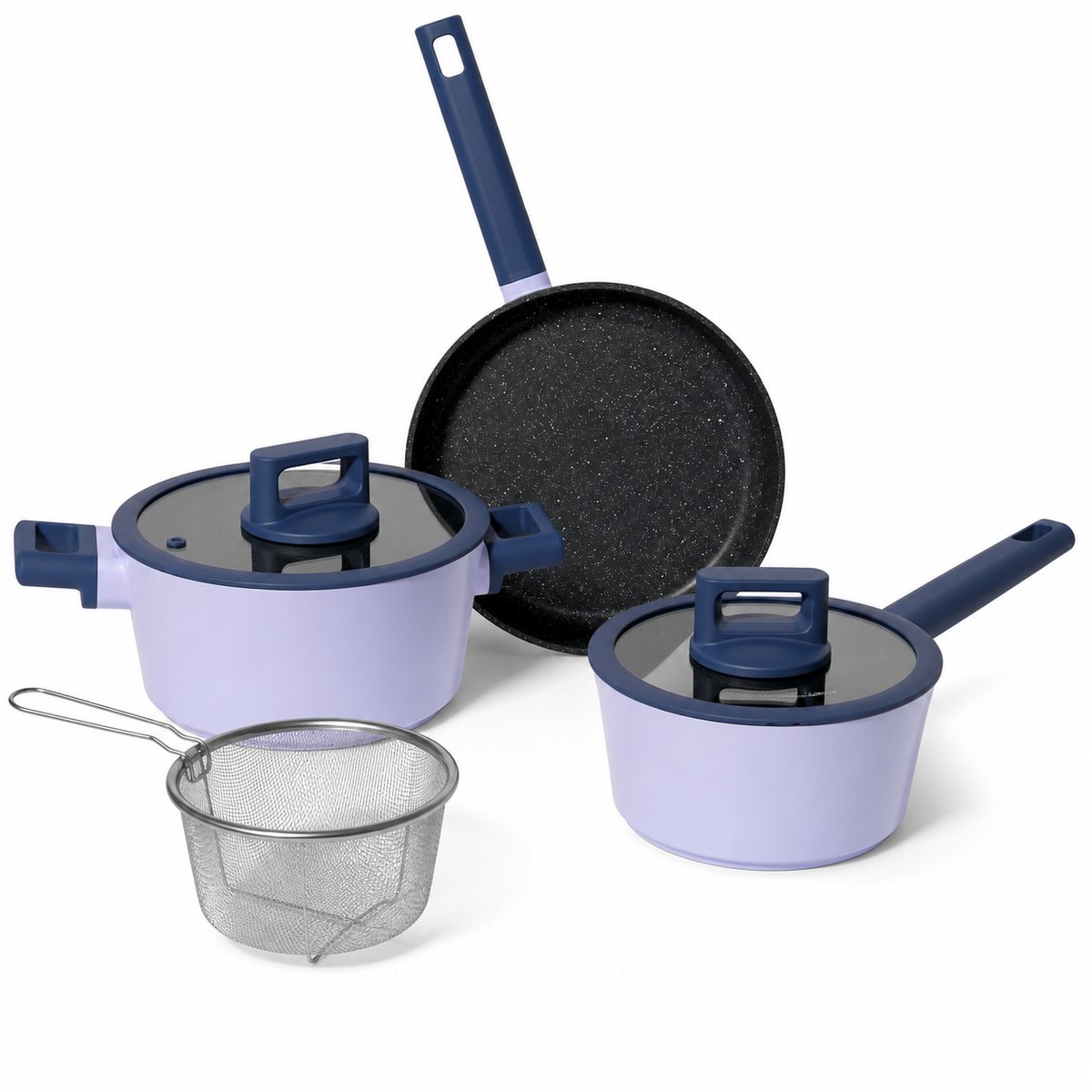 Pannenset Inductie 6-delig – Kookpan, Steelpan en Koekenpan – Antiaanbaklaag – Glazen Deksels en Frituurmand – Lila
