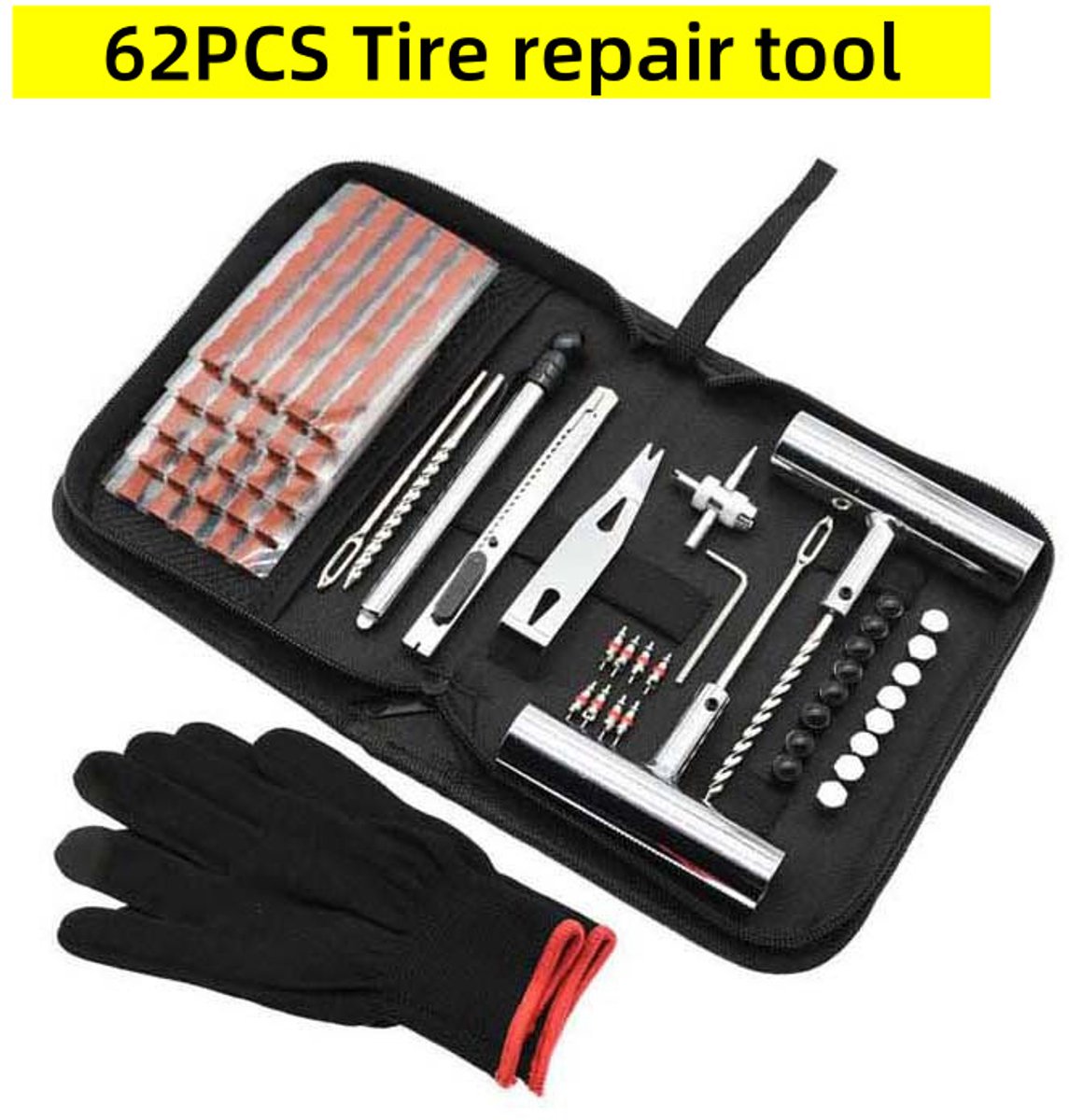 Kaiyaya - 62-delige bandenreparatieset - tubeless noodreparatie set - complete set met opbergtas - voor auto, motor, scooter, fiets - metaal en kunststof