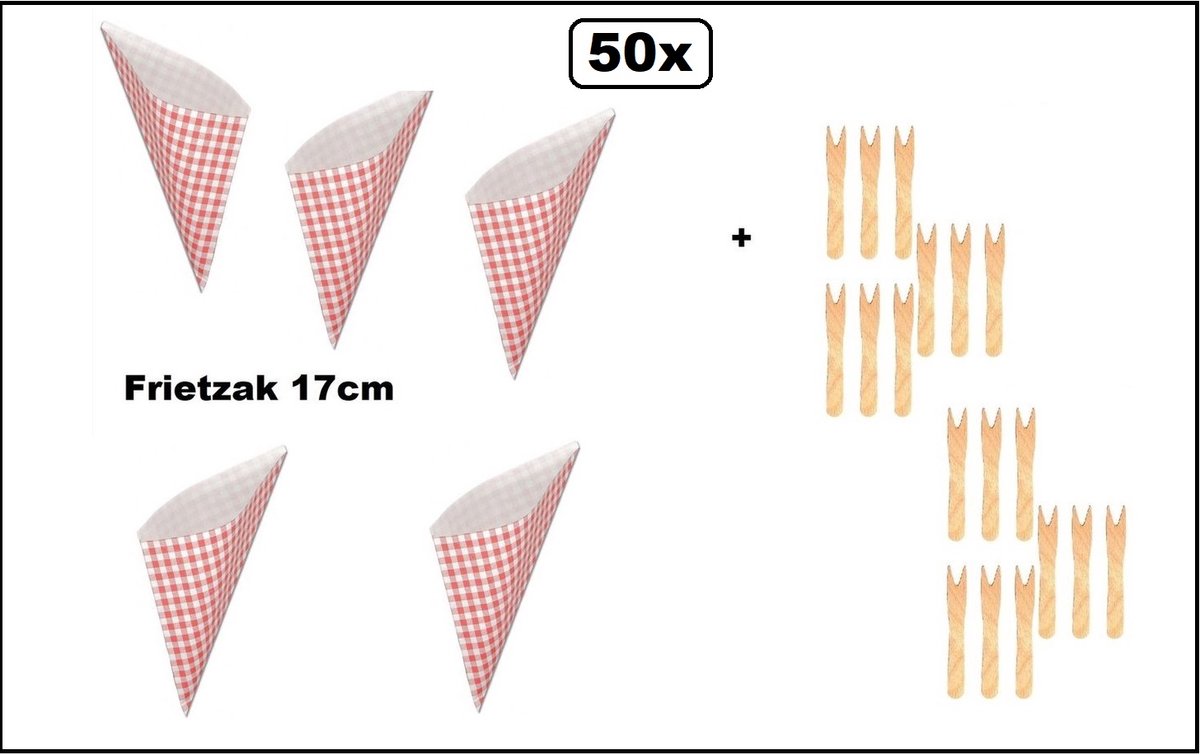 50 stuks Frietzak rood/wit geruit 17cm papier + 50 stuks houten frietvorkje - Boerenbont/ Puntzak/ Patat/Friet/Vork/ Snack
