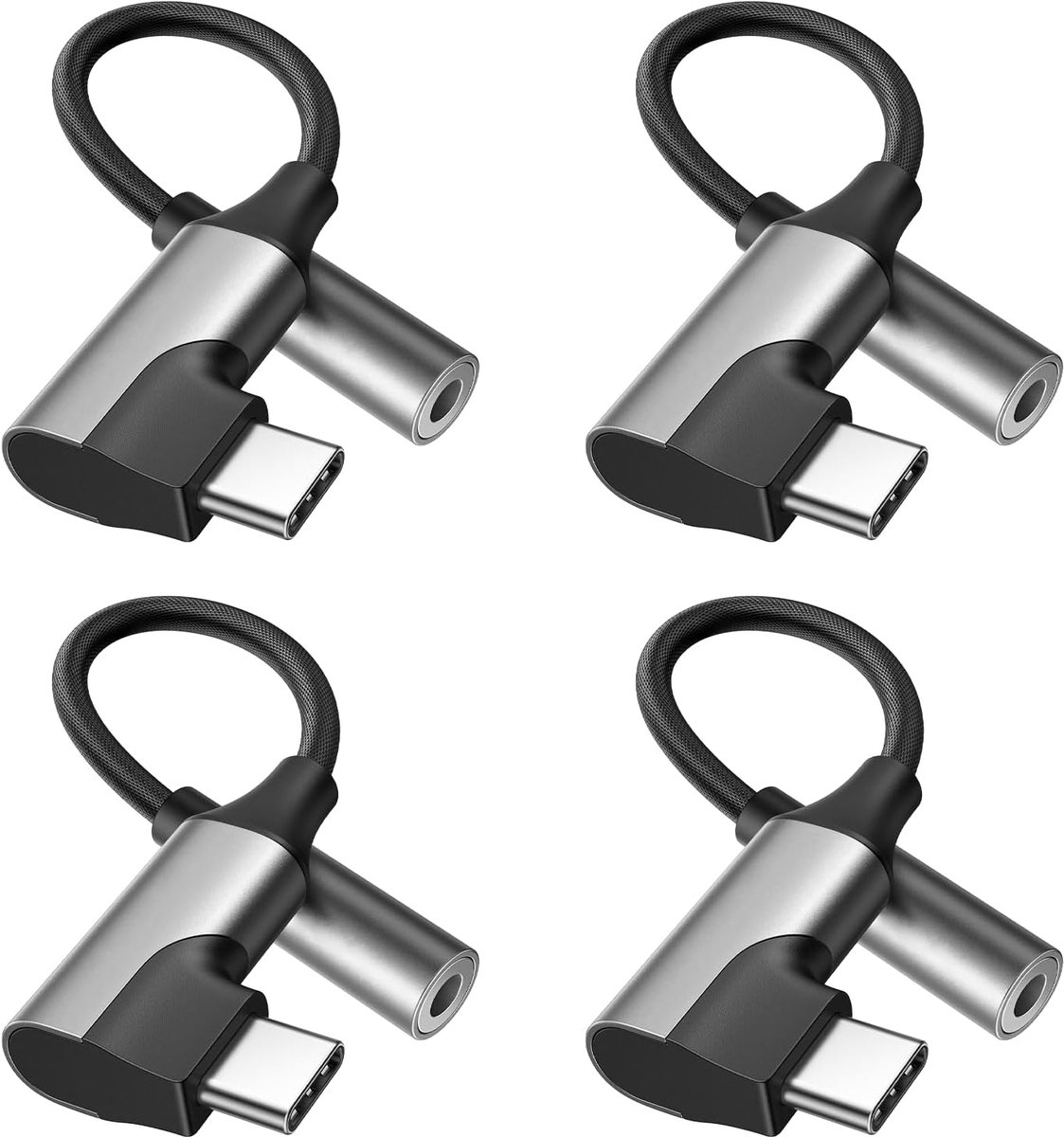 4 stuks USB-C naar 3,5 mm audio-aansluiting, 90 graden rechte hoek, met DAC-chip, USB-C-jackkabel, compatibel met alle - ShopVlot