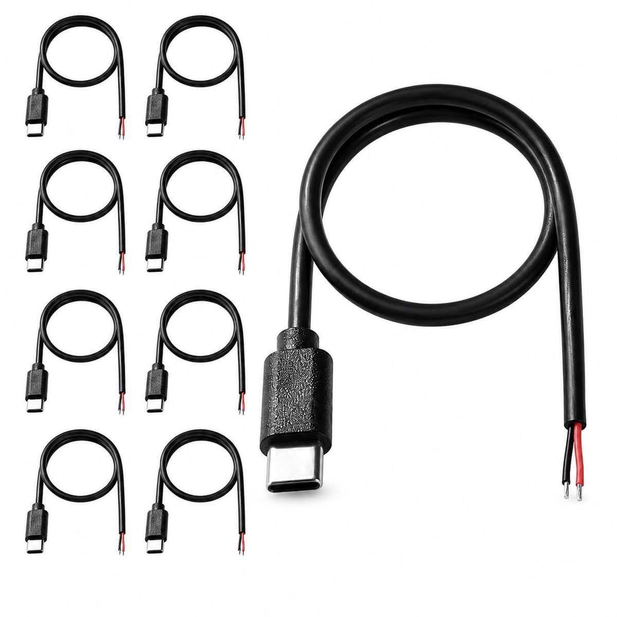 8 stuks pigtailkabels type C, 22 AWG, 30 cm, met 2 spelden, 5 V 2 A, USB-stekker type C met 2-polige blanke draad - ShopVlot